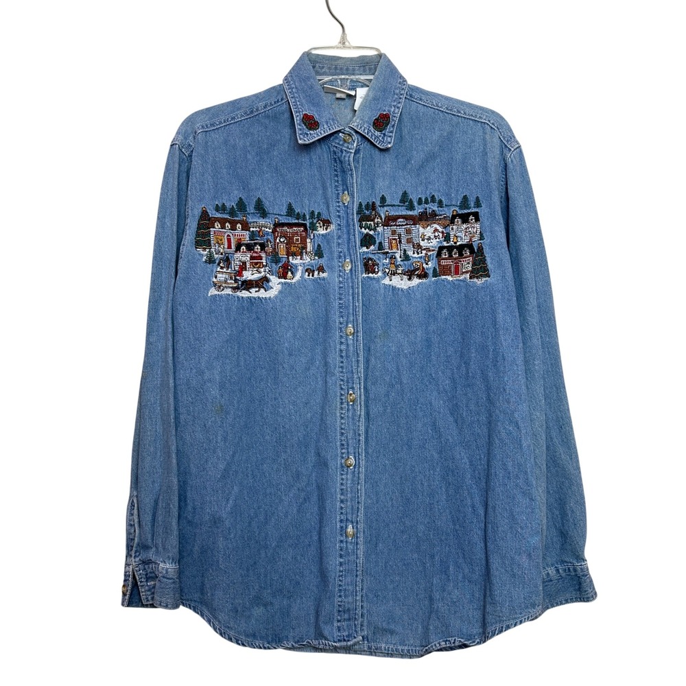 Bobbie Brooks Denim Shirt Women Small Blue Embroidered Christmas Winter Village